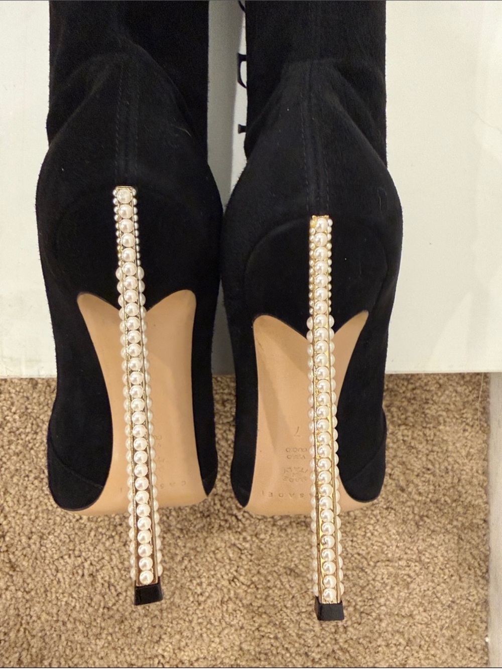 Casadei Black Suede Over The Knee Pearl Heel Boots 37 / US 7 Statement Luxury - Picture 7 of 10